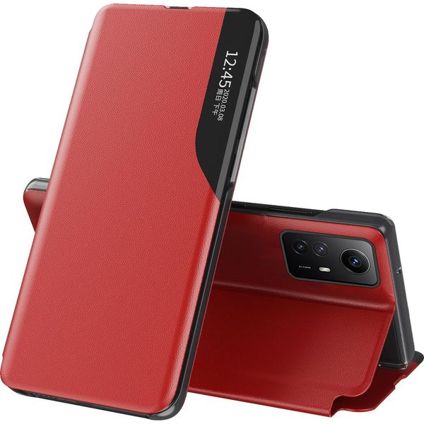 Custodia Flip Per Xiaomi Redmi Note 12S, Custodia In Finto Cuoio Con Finestra E Funzione Stand Rosso-image