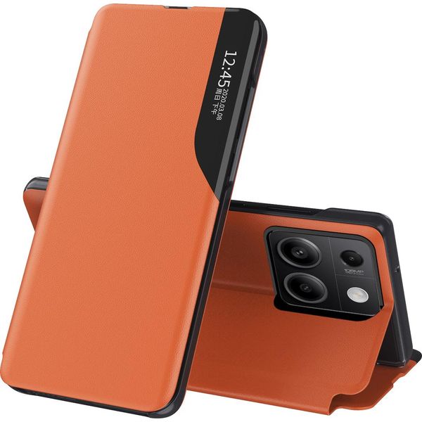 Custodia Flip Per Xiaomi Redmi Note 13 5G, Custodia In Finto Cuoio Con Finestra E Funzione Stand Arancione-image