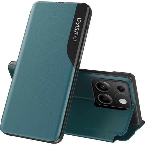Custodia Flip Per Xiaomi Redmi Note 13 4G, Custodia In Finto Cuoio Con Finestra E Funzione Stand Verde-image