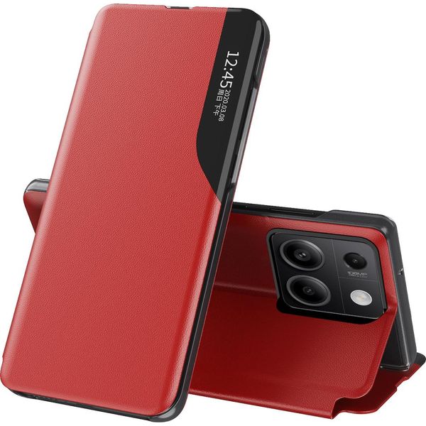 Custodia Flip Per Xiaomi Redmi Note 13 4G, Custodia In Finto Cuoio Con Finestra E Funzione Stand Rosso-image