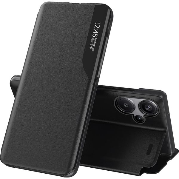 Custodia Flip Per Xiaomi Redmi Note 13 Pro+, Custodia In Finto Cuoio Con Finestra E Funzione Stand Nero-image