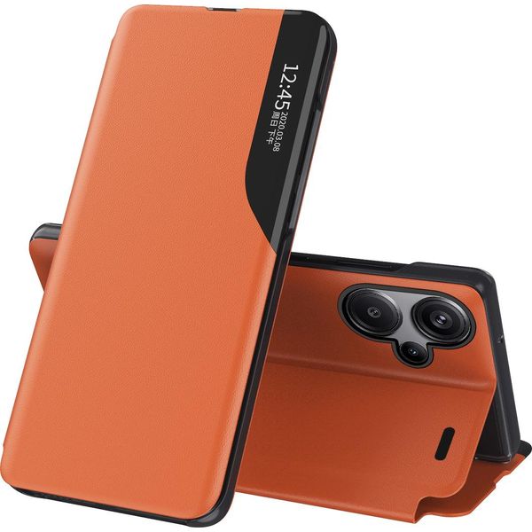Custodia Flip Per Xiaomi Redmi Note 13 Pro+, Custodia In Finto Cuoio Con Finestra E Funzione Stand Arancione-image