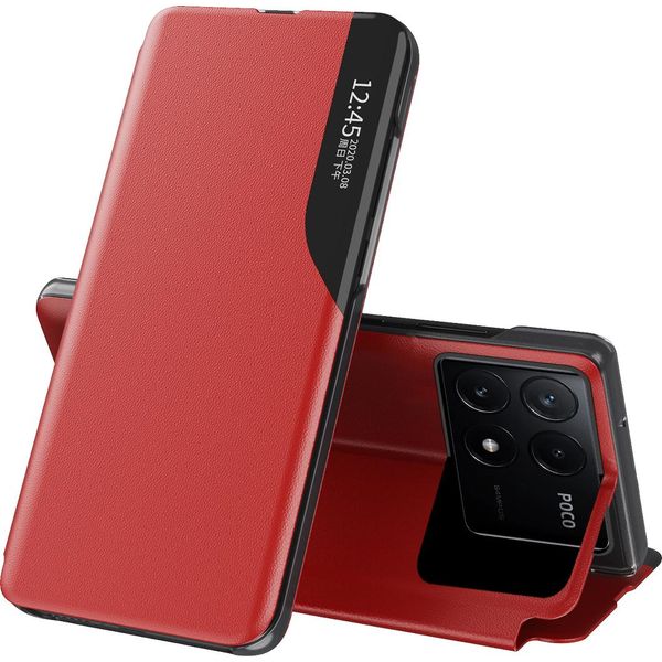 Custodia Flip Per Xiaomi Poco X6 Pro /Redmi K70E, Custodia In Finto Cuoio Con Finestra E Funzione Stand Rosso-image