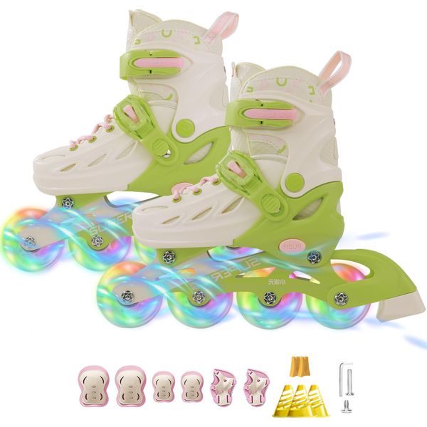 Pattini In Linea Per Bambini, Pattini A Rotelle In Linea Regolabili In 5 Taglie Con Ruote Luminose Per Ragazze E Ragazzi, Verde Chiaro, M:33-37 Eu-image