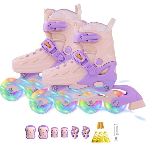Pattini In Linea Per Bambini, Regolabile 5 Dimensioni Pattini A Rotelle In Linea Quad Con Ruote Luminose Per Ragazze Ragazzi, Rosa / Viola, S: 27-32 Eu-image