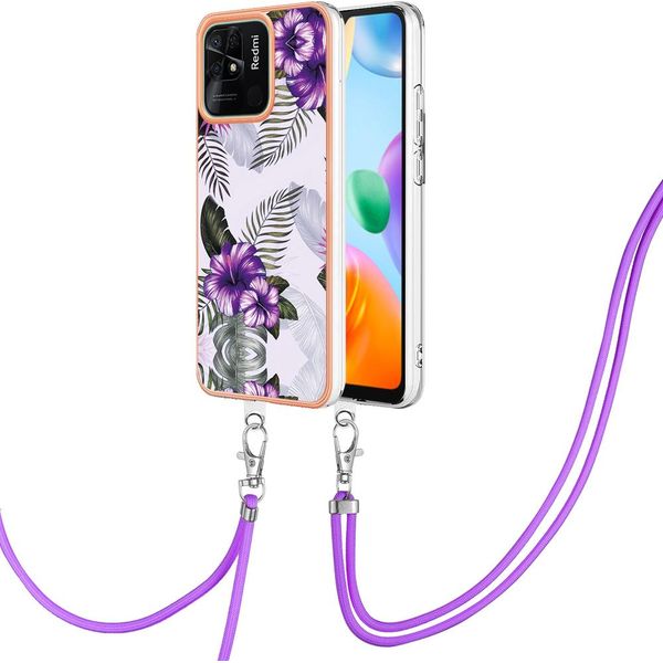 Custodia Con Cinturino Per Xiaomi Redmi 10C, Custodia In Tpu A Fantasia Con Cinturino Regolabile Viola-image