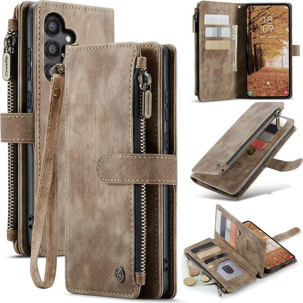 Custodia Galaxy A55, Flip Pelle Zip Stand Funzione Custodia Protettiva Per Samsung Galaxy A55 Marrone-image
