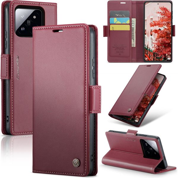 Xiaomi 14 Pro Case, Rfid Blocking Card, Advanced Flip Custodia In Pelle Con Funzione Stand Per Xiaomi 14 Pro Rosso-image