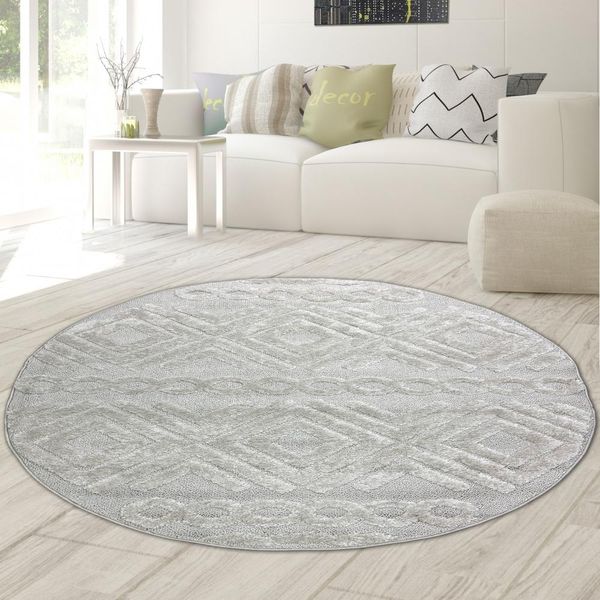 Tappeto Da Salotto In Stile Boho Con Motivi A Rombi E Cerchi In Beige Dimensioni - 120 Cm Rotondo-image