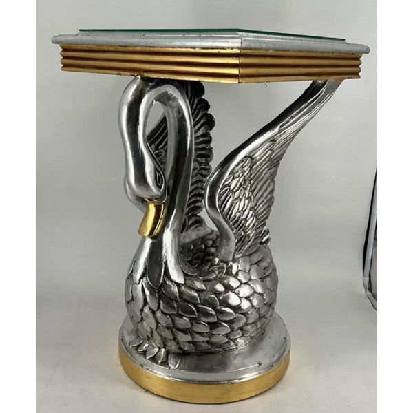 Casa Padrino Tavolino Barocco Cigno Con Piano In Vetro Argento/Oro H. 78 Cm - Mobili Barocchi-image