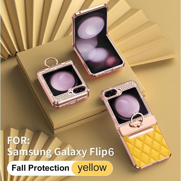 Custodia In Pelle Per Samsung Galaxy Z Flip 6 / Z Flip 7 Fe Con Supporto Ad Anello, Custodia Protettiva Lucida Con Protezione Della Cerniera Giallo-image