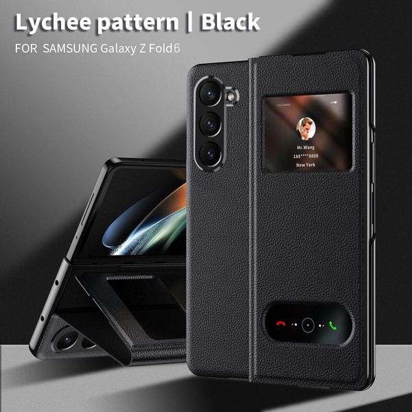 Custodia Sottile In Pelle Flip Per Samsung Galaxy Z Fold 6, Con Finestra Di Visualizzazione E Funzione Stand Lychee Nero-image