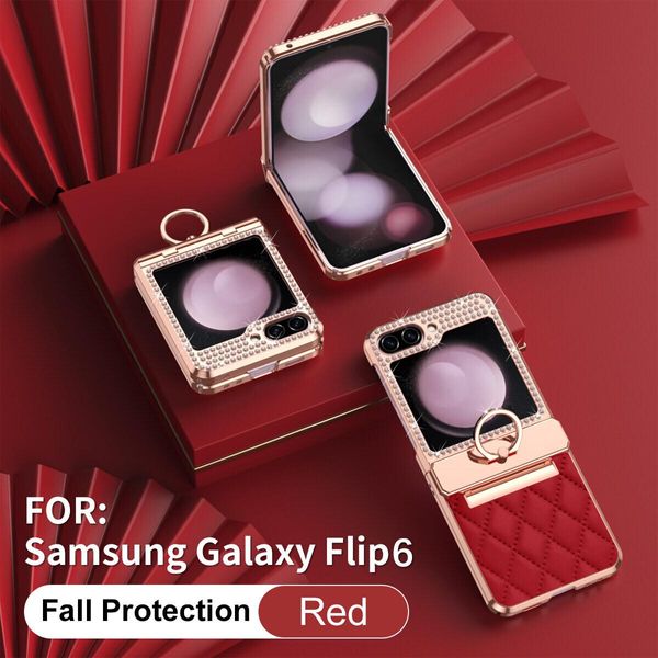 Custodia In Pelle Per Samsung Galaxy Z Flip 6 / Z Flip 7 Fe Con Supporto Ad Anello, Custodia Protettiva Lucida Con Protezione Della Cerniera Rossa-image
