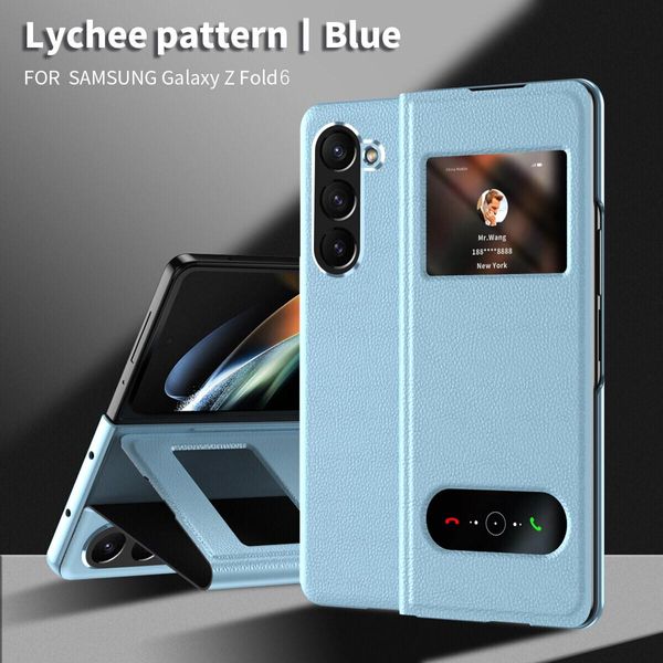 Custodia Sottile In Pelle Flip Per Samsung Galaxy Z Fold 6, Con Finestra Di Visualizzazione E Funzione Stand Blu Litchi-image