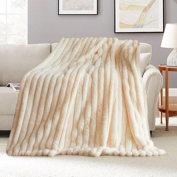 Lussuosa Coperta Di Peluche - Morbida Coperta Soffice Per Divani, Coperta Di Pelliccia Sintetica, Coperta Calda Per Divano Letto, Beige, 160X200Cm-image