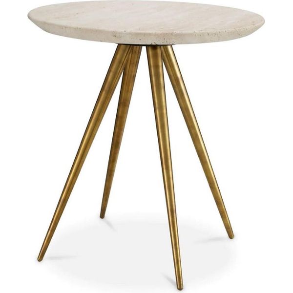 Tavolino Casa Padrino Con Piano In Travertino Beige / Ottone Vintage Ø 45,5 X H. 47,5 Cm-image