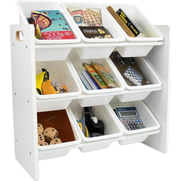 Organizzatore Di Giocattoli A Scaffale Per Bambini Ginger Home, Scaffale In Legno Con 9 Scatole In Plastica, Bianco-image