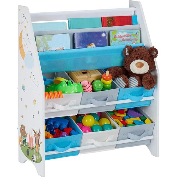 Scaffale Per Bambini Ginger Home Con 6 Scatole In Tessuto - Scaffale In Legno Per Giocattoli E Libri - Forest Design-image