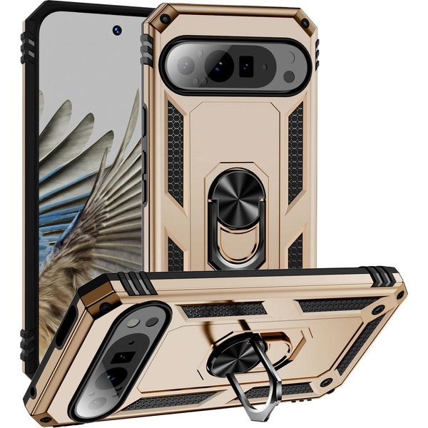 Custodia Per Google Pixel 9 / Pixel 9 Pro A Doppio Strato Robusta, Protezione Militare Con Supporto Ad Anello E Supporto Oro-image