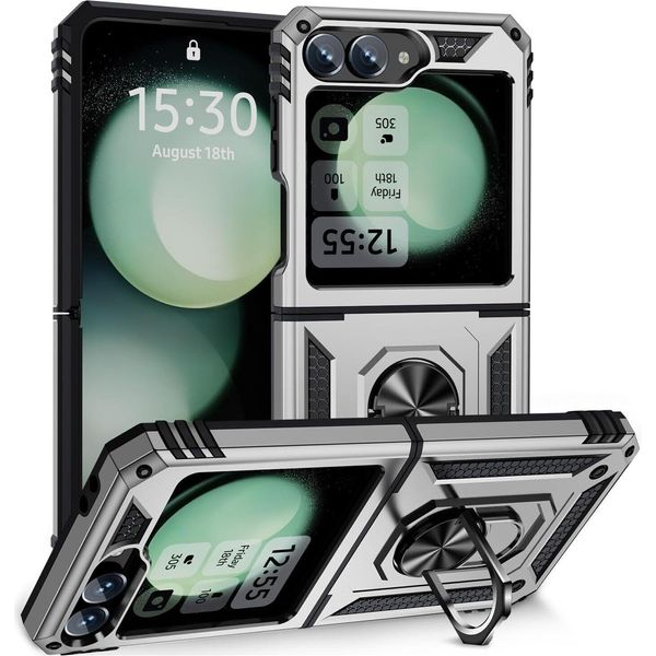 Custodia Per Samsung Galaxy Z Flip 6 / Z Flip 7 Fe A Doppio Strato Robusta, Protezione Militare Con Supporto Ad Anello E Supporto Argento-image