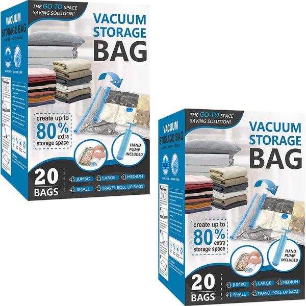 2 X Confezione Da 20 Sacchetti Sottovuoto Per Indumenti Con Valvola Ermetica E Pompa Manuale - S2TORAGEBAG-image