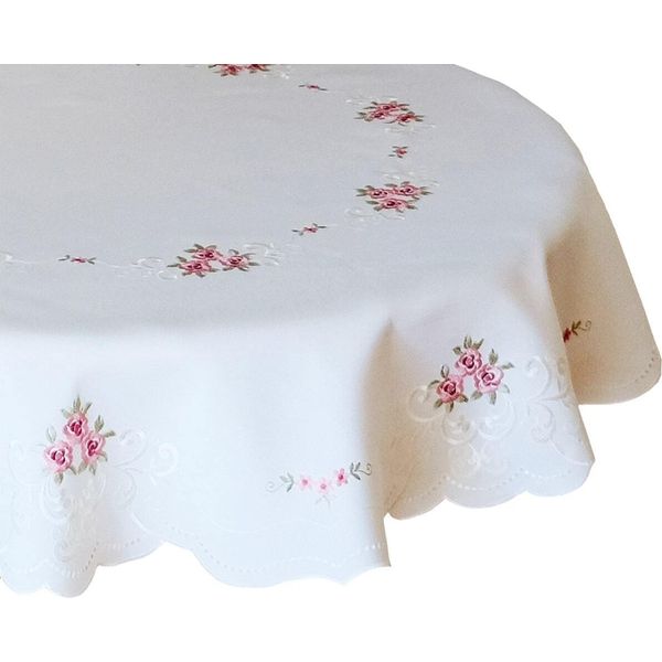 Tovaglia Margit Ricamo Rotondo Motivo Rose Bianco Poliestere Ø 160 Cm-image