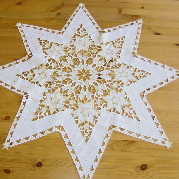 Tovaglia Selina Stella Ritaglio Bastone Ecrù Oro Poliestere Ø 60 Cm-image