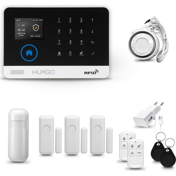 Huxgo HXA003 Sistema Di Allarme Casa Wifi + Gsm 4G Con Sirena, Sistema Di Allarme Con 1X Sensore Di Movimento E 3X Sensore Porta-Finestra, Sistema Di Allarme Per Appartamento, Casa, Ufficio, Tuya Smartlife App-image