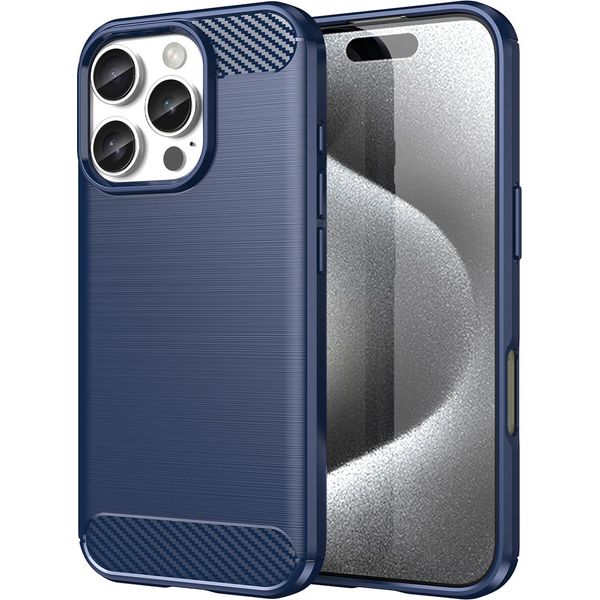 Custodia Per Iphone 16 Pro In Silicone Tpu Morbido, Fibra Di Carbonio, Custodia Protettiva Antiurto Blu-image