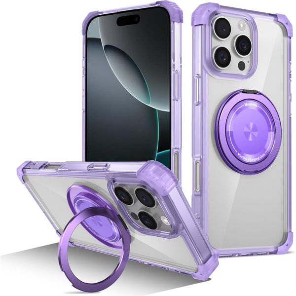 Custodia Per Iphone 16 Pro Max Supporto Ad Anello Magnetico, Supporto, Compatibile Con Magsafe, Protezione Militare, Custodia Trasparente Viola-image
