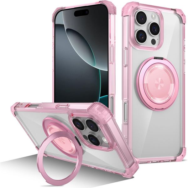 Custodia Per Iphone 16 Pro Max Supporto Ad Anello Magnetico, Supporto, Compatibile Con Magsafe, Protezione Militare, Custodia Trasparente Rosa-image