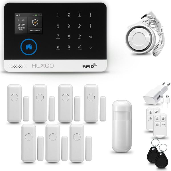 Huxgo HXA003 Sistema Di Allarme Casa Wifi + Gsm 4G Con Sirena, Sistema Di Allarme Con 1X Sensore Di Movimento E 7X Sensore Porta-Finestra, Sistema Di Allarme Per Appartamento, Casa, Ufficio, Tuya Smartlife App-image