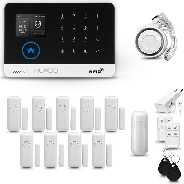Huxgo HXA003 Sistema Di Allarme Casa Wifi + Gsm 4G Con Sirena, Sistema Di Allarme Con 1X Sensore Di Movimento E 9X Sensore Porta-Finestra, Sistema Di Allarme Per Appartamento, Casa, Ufficio, Tuya Smartlife App-image