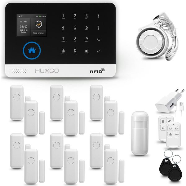 Huxgo HXA003 Sistema Di Allarme Casa Wifi + Gsm 2G Con Sirena, Sistema Di Allarme Con 1X Sensore Di Movimento E 12X Sensore Porta-Finestra, Sistema Di Allarme Per Appartamento, Casa, Ufficio, Tuya Smartlife App-image