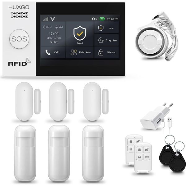 Huxgo HXA007 Sistema Di Allarme Casa Wifi + Gsm 4G Con Sirena, Sistema Di Allarme Con 3X Sensore Di Movimento E 3X Sensore Porta-Finestra, Sistema Di Allarme Per Appartamento, Casa, Garage, App Tuya Smartlife-image