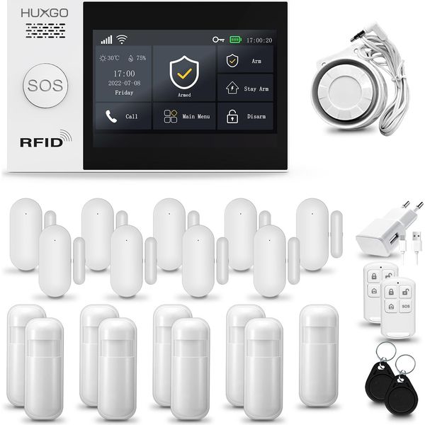 Huxgo HXA007 Sistema Di Allarme Casa Wifi + Gsm 2G Con Sirena, Sistema Di Allarme Con 9X Sensori Di Movimento E 9X Sensori Porta-Finestra, Sistema Di Allarme Per Appartamento, Casa, Garage, Tuya Smartlife App-image