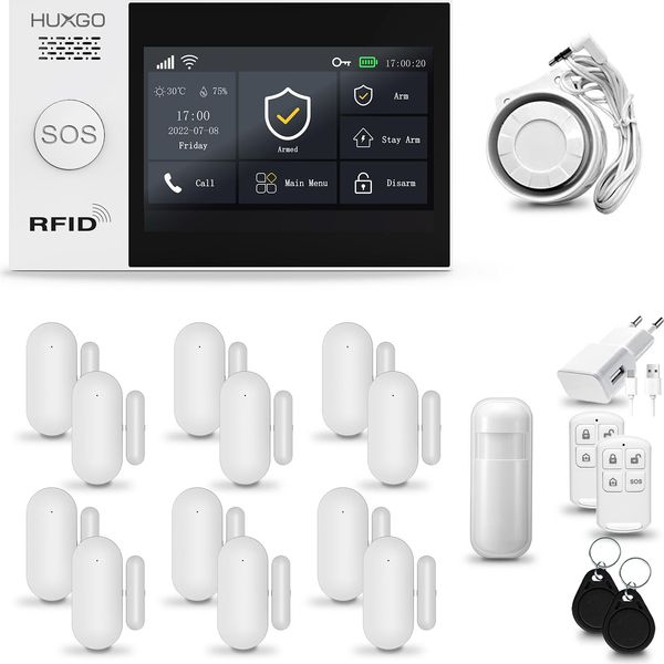 Huxgo HXA007 Sistema Di Allarme Casa Wifi + Gsm 2G Con Sirena, Sistema Di Allarme Con 1X Sensore Di Movimento E 12X Sensore Porta-Finestra, Sistema Di Allarme Per Appartamento, Casa, Garage, Tuya Smartlife App-image
