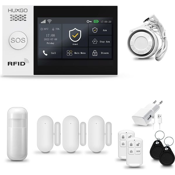 Huxgo HXA007 Sistema Di Allarme Casa Wifi + Gsm 2G Con Sirena, Sistema Di Allarme Con 1X Sensore Di Movimento E 3X Sensore Porta-Finestra, Sistema Di Allarme Per Appartamento, Casa, Garage, Tuya Smartlife App-image