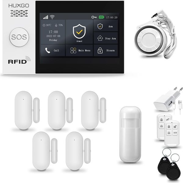 Huxgo HXA007 Sistema Di Allarme Casa Wifi + Gsm 2G Con Sirena, Sistema Di Allarme Con 1X Sensore Di Movimento E 5X Sensore Porta-Finestra, Sistema Di Allarme Per Appartamento, Casa, Garage, App Tuya Smartlife-image
