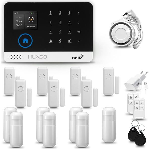 Huxgo HXA003 Sistema Di Allarme Casa Wifi + Gsm 4G Con Sirena, Sistema Di Allarme Con 7X Sensore Di Movimento E 7X Sensore Porta-Finestra, Sistema Di Allarme Per Appartamento, Casa, Ufficio, Tuya Smartlife App-image