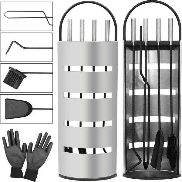 Set Di Attrezzi Per Camino 6 Pezzi Argento – Paletta, Scopa, Pinza, Attizzatoio E Guanto-image