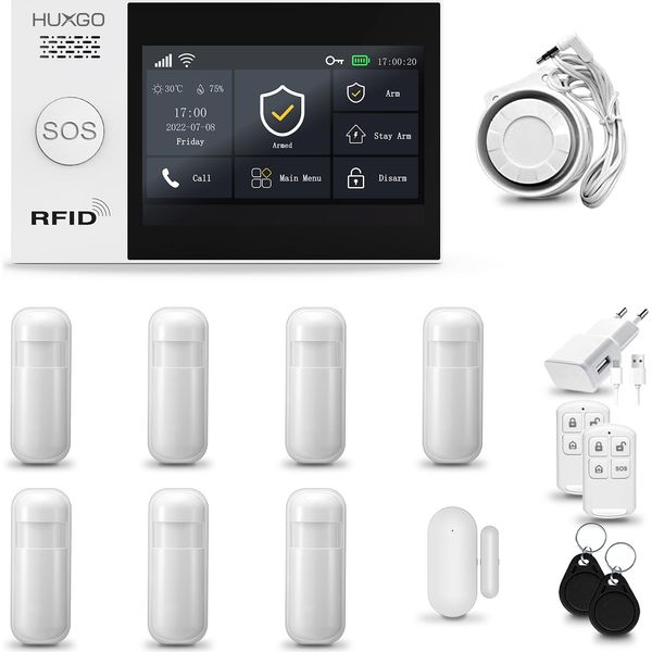 Huxgo HXA007 Sistema Di Allarme Casa Wifi + Gsm 2G Con Sirena, Sistema Di Allarme Con 7X Sensori Di Movimento E 1X Sensore Porta-Finestra, Sistema Di Allarme Per Appartamento, Casa, Garage, Tuya Smartlife App-image