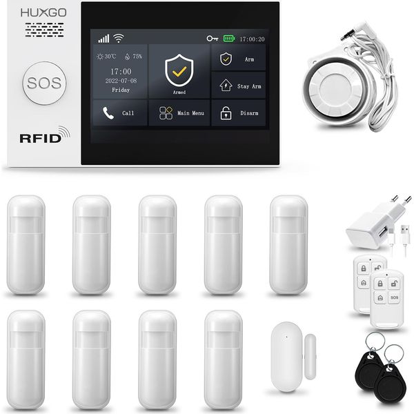 Huxgo HXA007 Sistema Di Allarme Casa Wifi + Gsm 2G Con Sirena, Sistema Di Allarme Con 9X Sensori Di Movimento E 1X Sensore Porta-Finestra, Sistema Di Allarme Per Appartamento, Casa, Garage, Tuya Smartlife App-image
