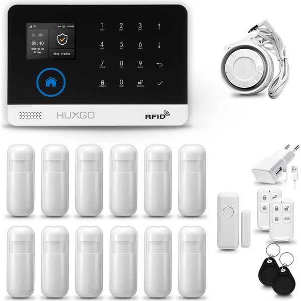 Huxgo HXA003 Sistema Di Allarme Casa Wifi + Gsm 4G Lte Con Sirena, Sistema Di Allarme Con 12X Sensori Di Movimento E 1X Sensore Porta-Finestra, Sistema Di Allarme Per Appartamento, Casa, Garage, Tuya Smartlife App-image
