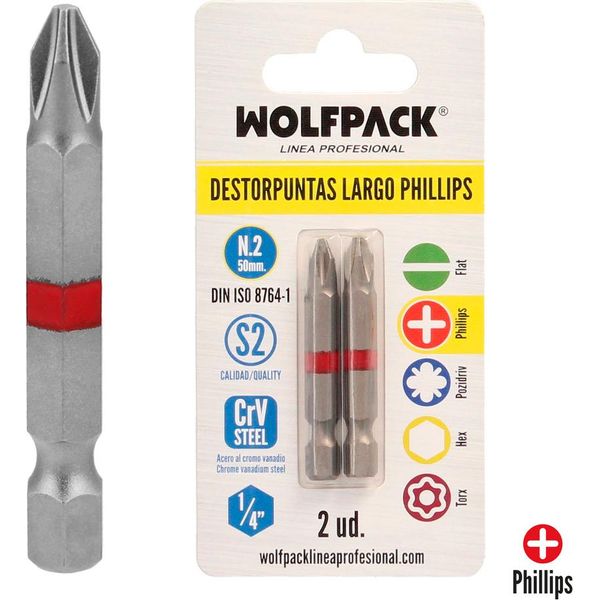 Wolfpack Linea Profesional Cacciavite A Croce A Punte Lunghe N. 2 (2 Pz.). Acciaio Al Cromo Vanadio S2. Punte Esagonali, Portapunte,-image
