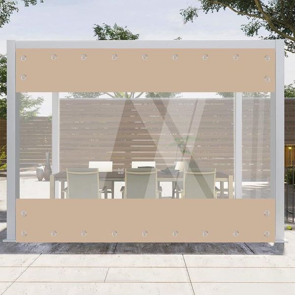 Telone Trasparente Con Occhielli Telone In Pvc Impermeabile 420G/M² Telone In Tessuto Protezione Dal Vento Protezione Dalla Pioggia Per Gazebo Da Giardino Terrazze Balcone Serre, Khaki, H 2,4M X L 2,1M-image