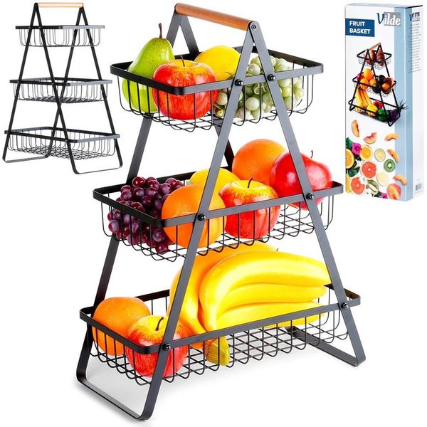 Vilde Cesto Portaoggetti Cesto Per Frutta Cesto Per Verdura Cesto In Metallo Cesto In Filo Di Metallo Nero 3 Livelli-image