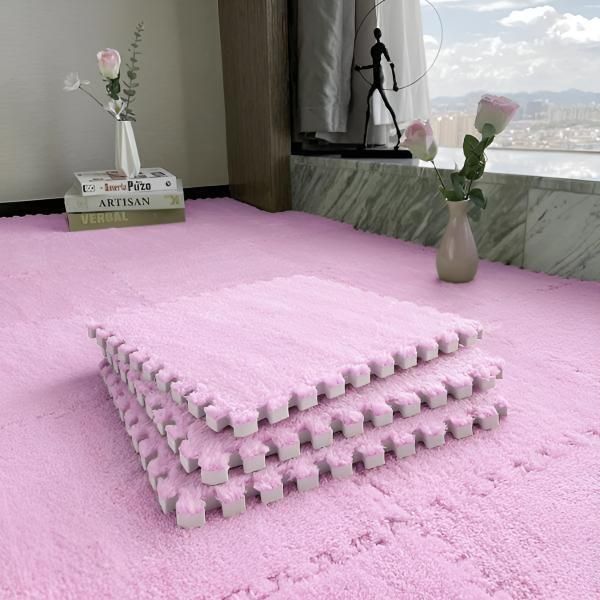 Confezione Da 10 Tappetini In Peluche Per La Stanza Dei Bambini, Tessere Di Moquette 30X30 Cm, Pavimento Confortevole Per Il Soggiorno - Rosa Flufftile-image