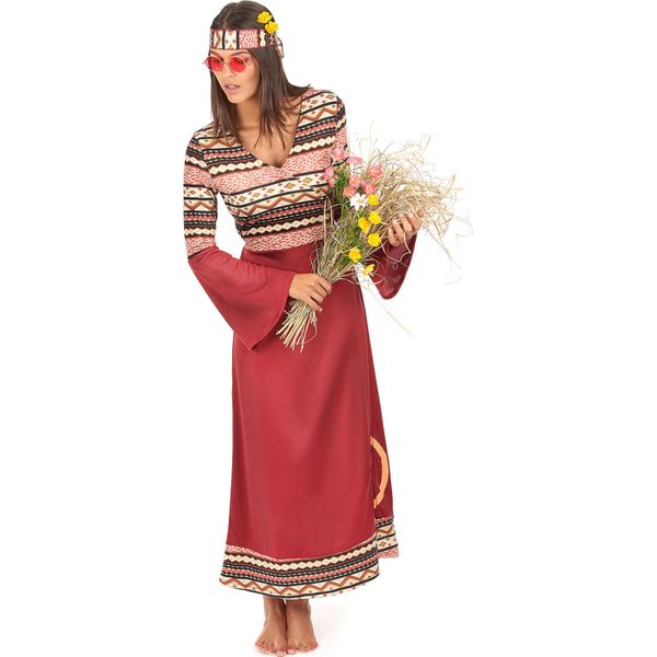 Abito Hippie Anni '60 Retro Da Donna Color Bordeaux - S-image