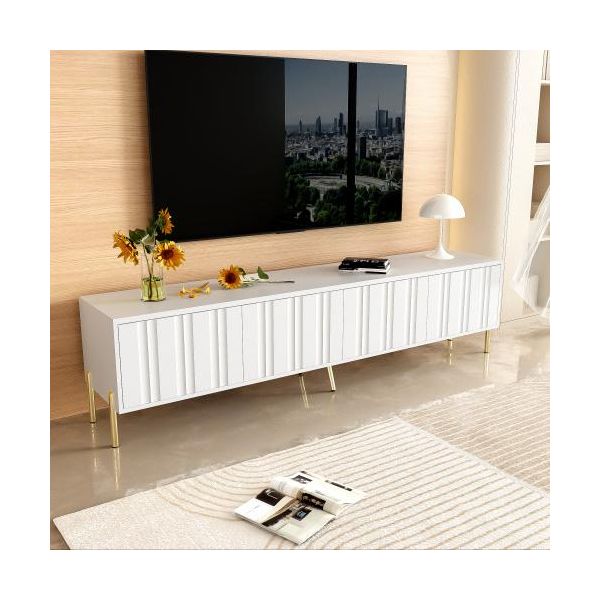 Mobile Tv Aiorber, Stile Minimalista, Gambe Dorate, Ante Scanalate, Ampio Spazio, Facile Da Pulire, 190X38X48Cm, Bianco-image
